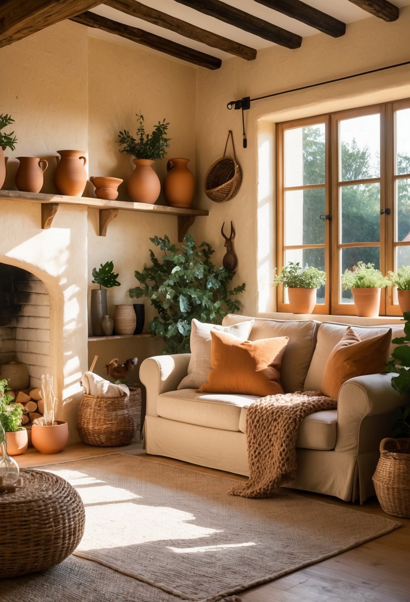 A sunlit living room with warm beige walls, clay-colored cushions on a sofa, wooden furniture, woven baskets, and green plants near a large window.