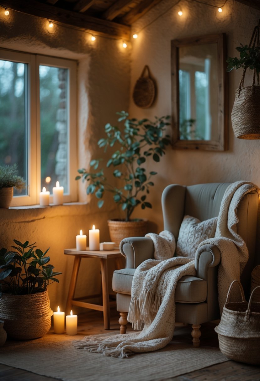 A cozy living room corner with an armchair, soft candlelight, wooden furniture, and potted plants.