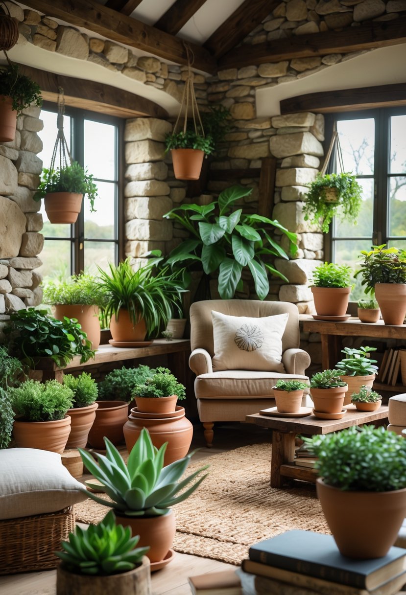 A cozy living room with many green plants, wooden furniture, and natural light coming through large windows.
