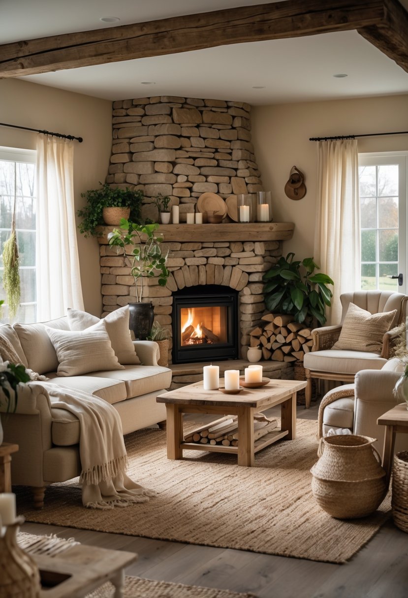 A cozy living room with a stone fireplace surrounded by comfortable seating, wooden furniture, plants, and natural decorative elements.