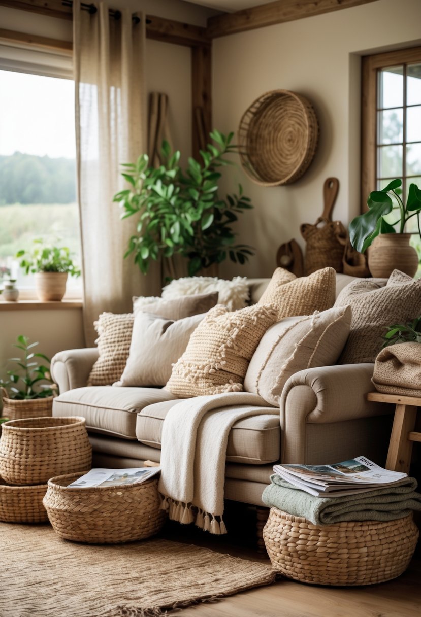 A cozy living room with a plush sofa, layered cushions, woven baskets filled with blankets, wooden flooring, and potted plants.