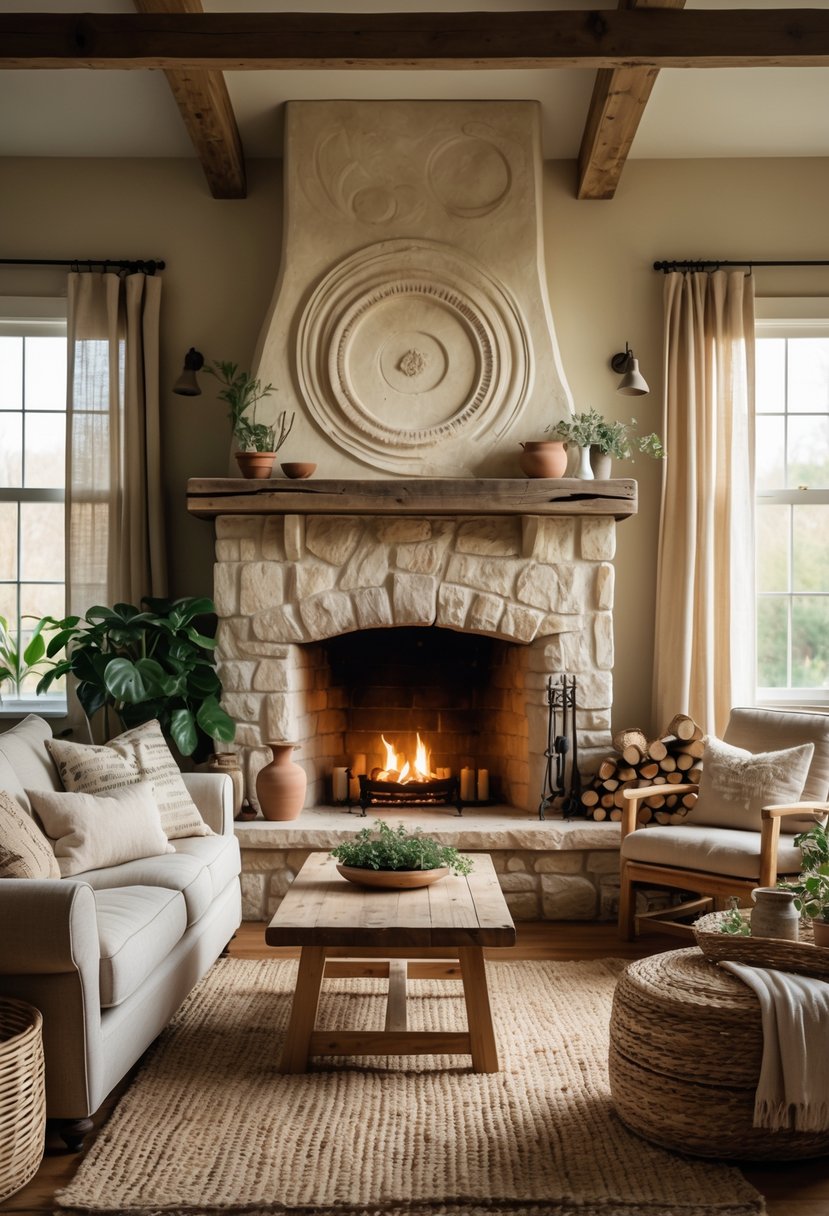 A cozy living room with a stone fireplace, sculpted plaster wall, wooden furniture, and plants, bathed in natural light.