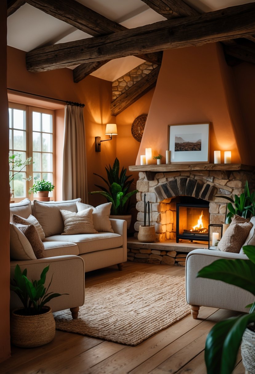 A cozy living room with terracotta walls, a stone fireplace with a fire, wooden beams, and comfortable seating.