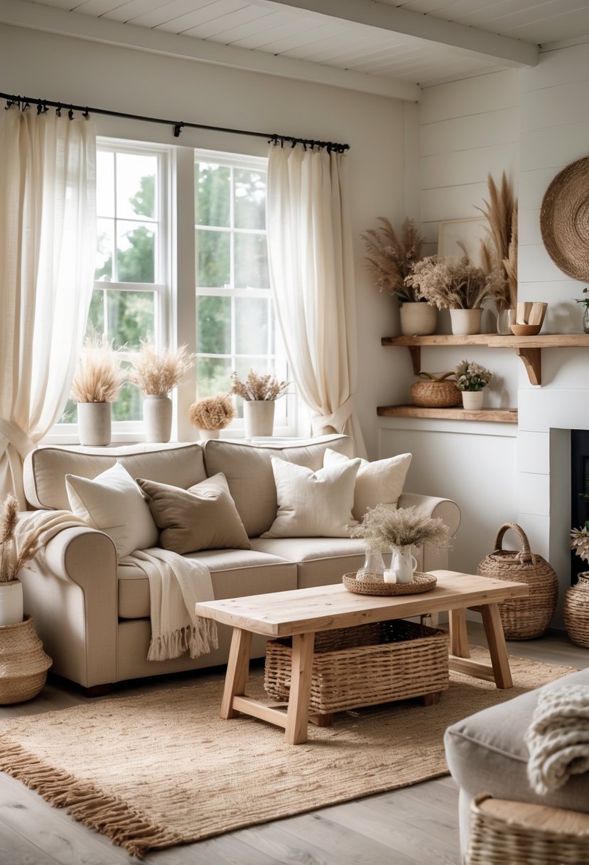 A cozy living room with a beige sofa, wooden coffee table, woven rug, plants, and natural light coming through large windows.