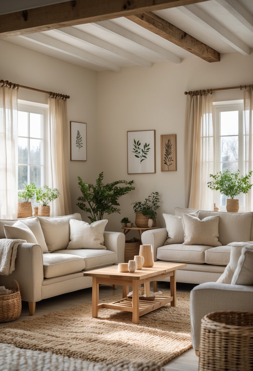 A cozy living room with a beige sofa, wooden coffee table, potted plants, and soft natural light coming through sheer curtains.