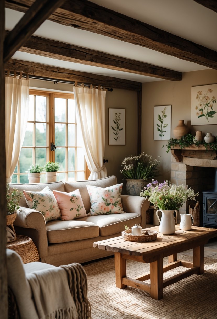 A cozy living room with a sofa, floral cushions, wooden coffee table with flowers, and natural light coming through sheer curtains.