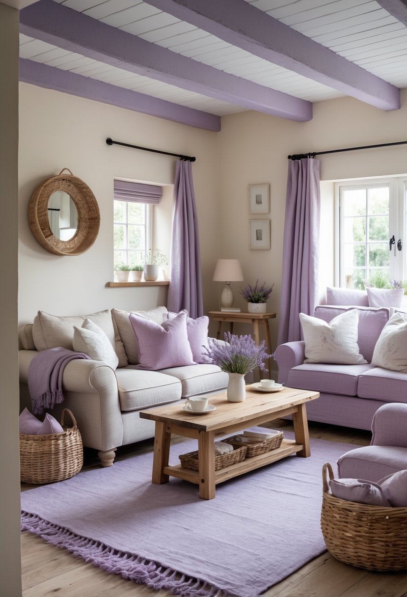 A cozy cottage living room with wooden furniture, lavender accents, and soft natural light creating a calm and inviting atmosphere.