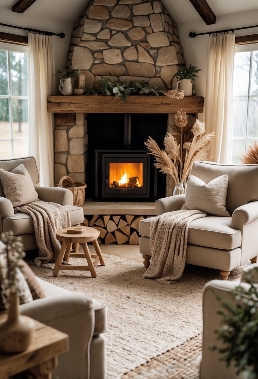 A cozy living room with a stone fireplace, warm fire, comfortable seating, soft neutral colors, and natural wood furniture.