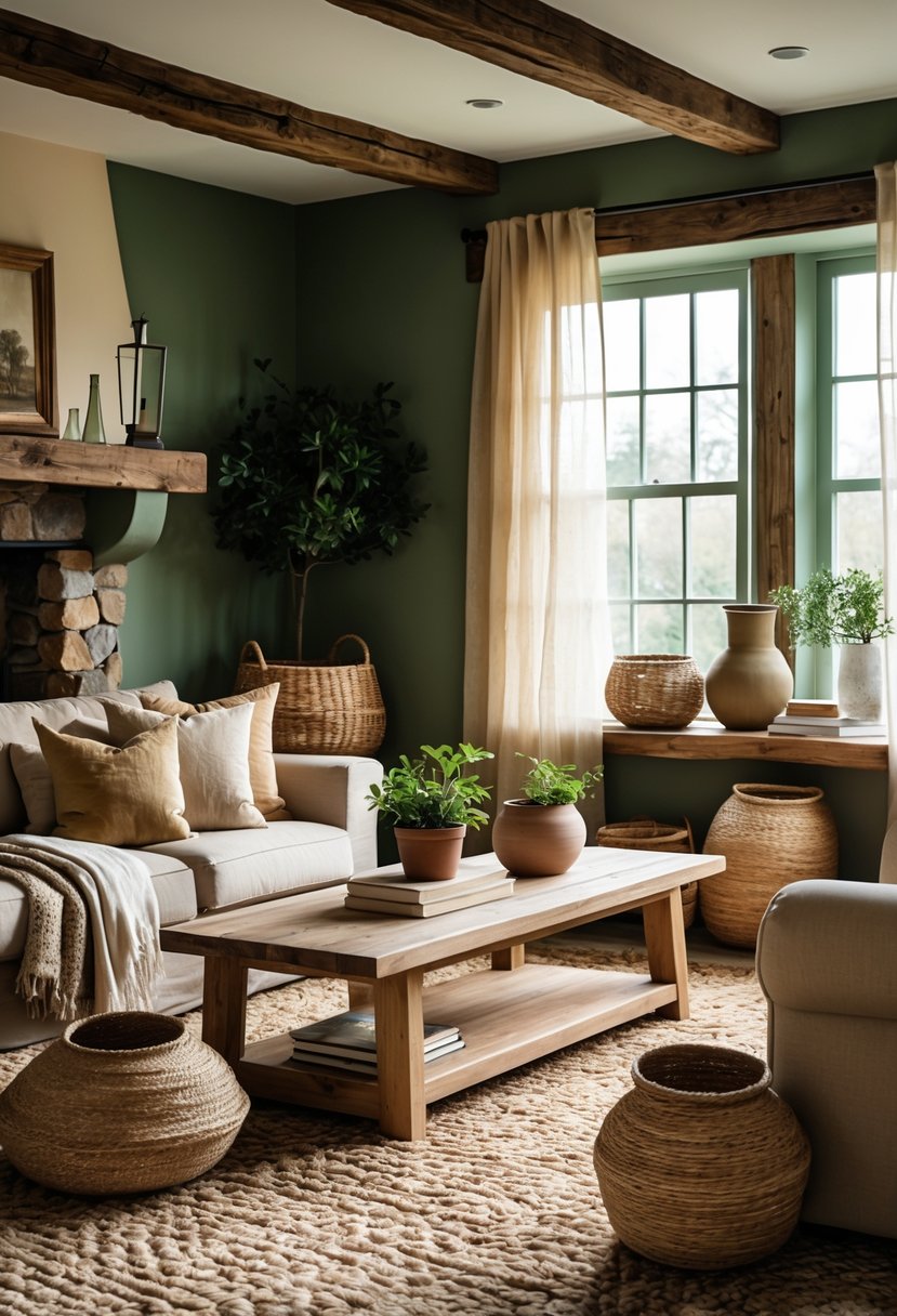 A cozy living room with green walls, wooden furniture, a stone fireplace, and warm natural lighting.