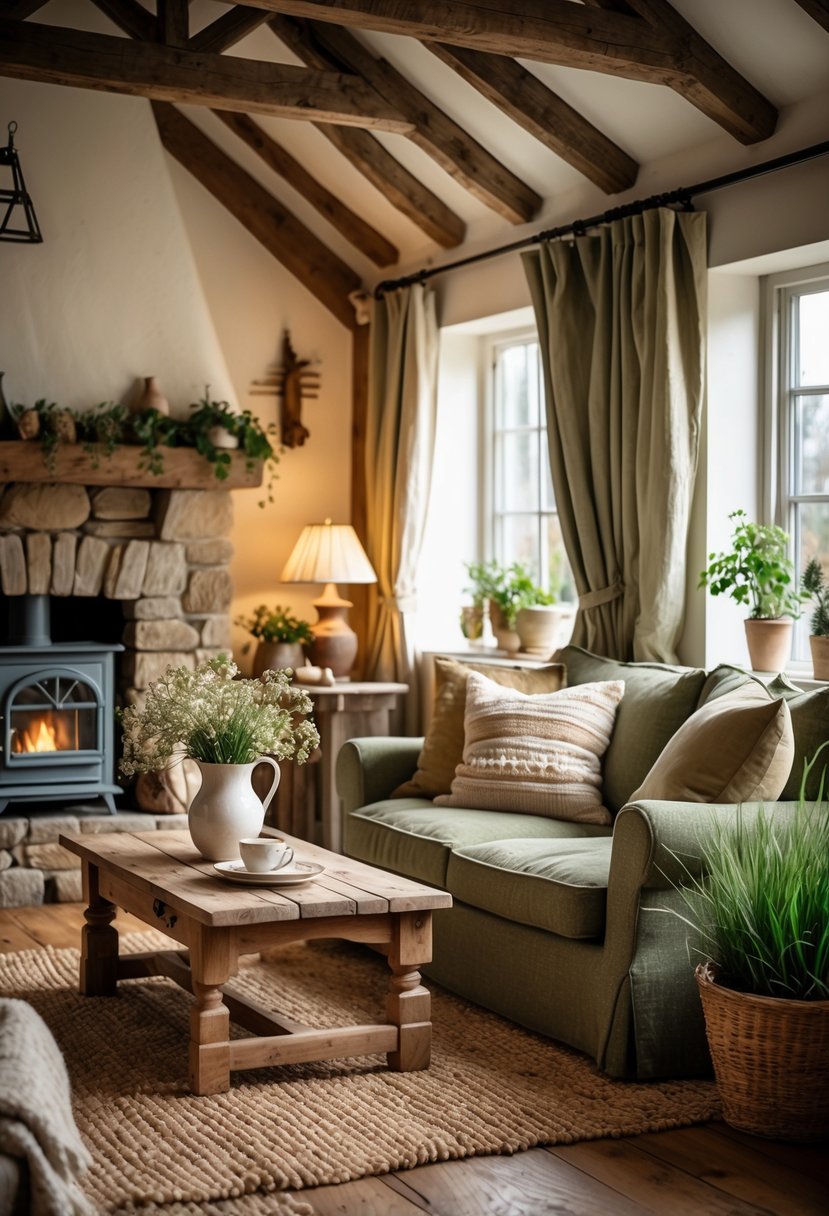 A cozy living room with a stone fireplace, wooden beams, a sofa with cushions, a wooden coffee table with flowers, and potted plants.