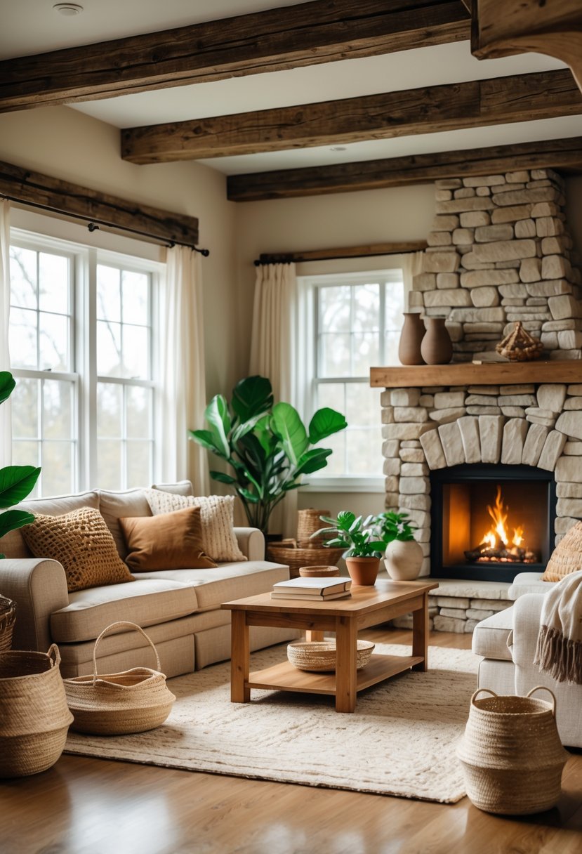 A cozy cottage living room with a sofa, coffee table, stone fireplace, wooden beams, and plants.
