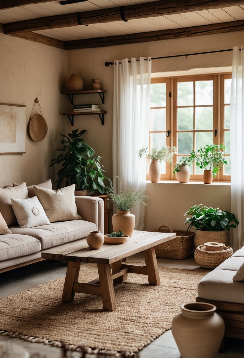 A cozy living room with a sofa, wooden coffee table, plants, and natural light coming through windows.