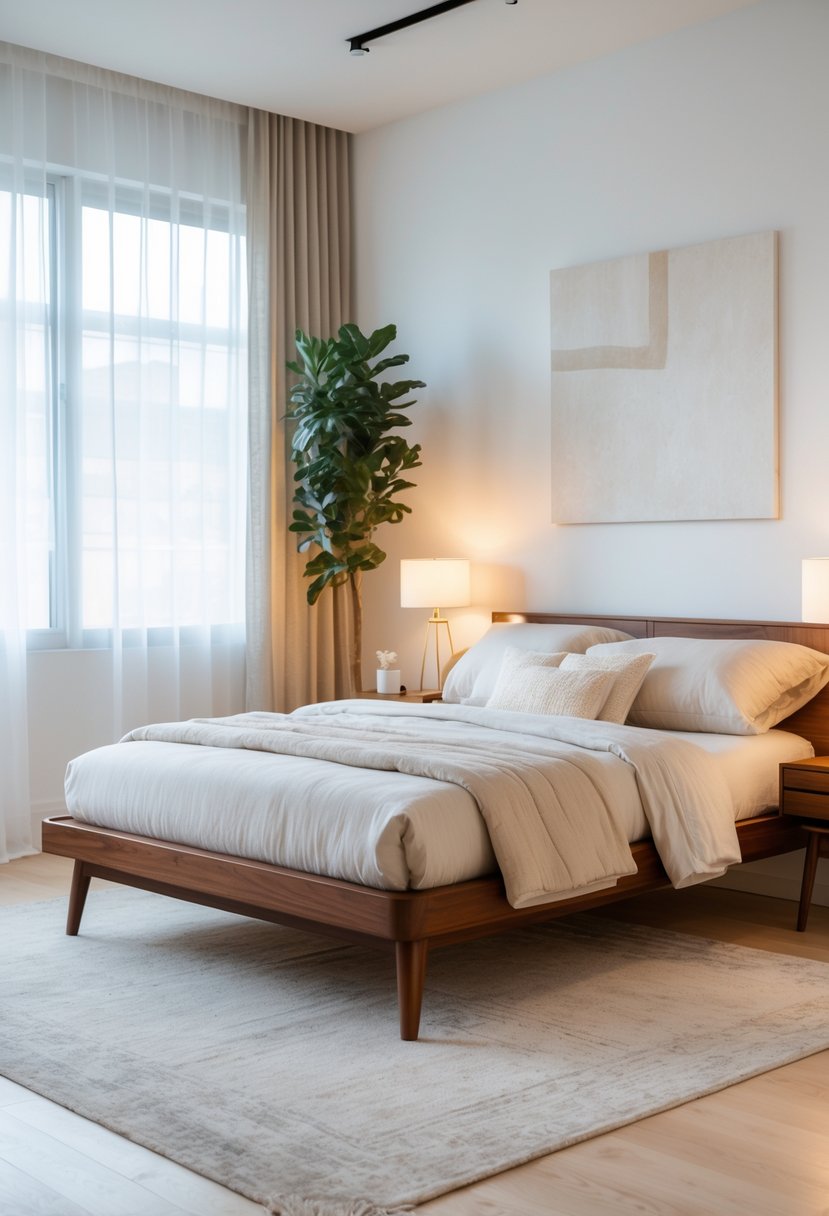 A bedroom with a wooden platform bed, soft bedding, wooden nightstands with lamps, a plant, and natural light coming through windows.