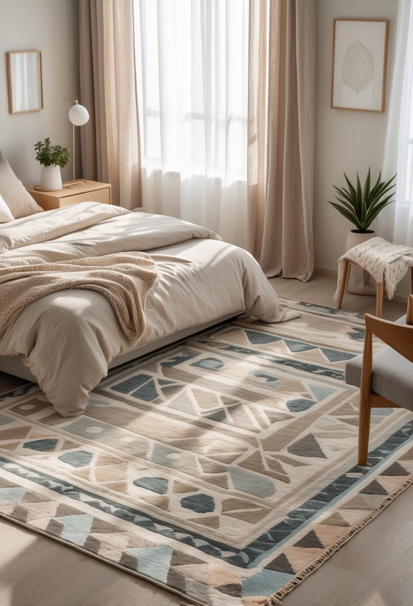 A bedroom with a bed, geometric patterned area rug, bedside table, and soft natural light coming through a window.