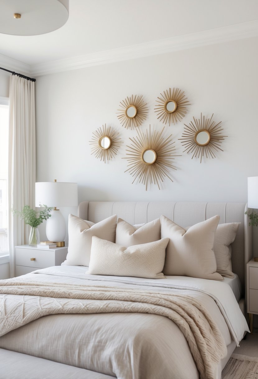 A bedroom with a bed under a wall decorated with multiple sunburst mirrors and soft natural lighting.