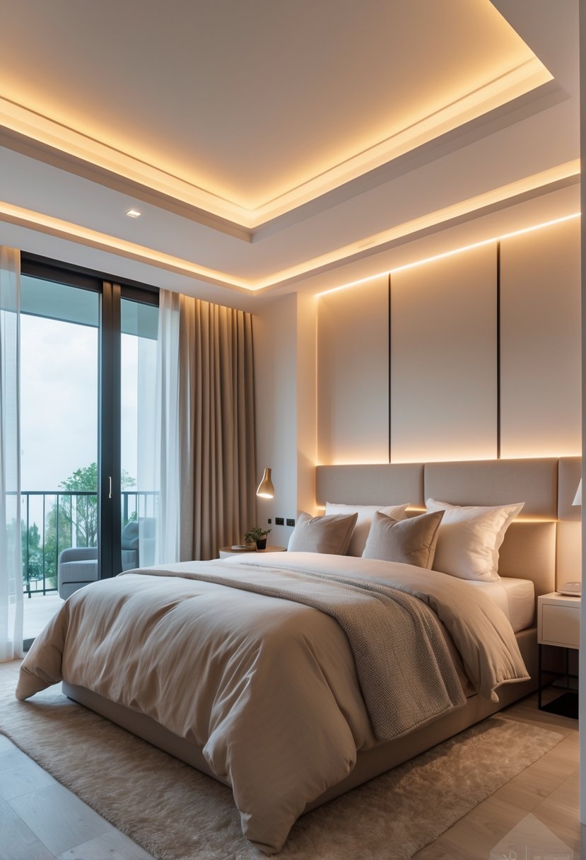 A modern bedroom with built-in ambient LED lighting softly illuminating the space, featuring a neatly made bed and minimalist furniture.
