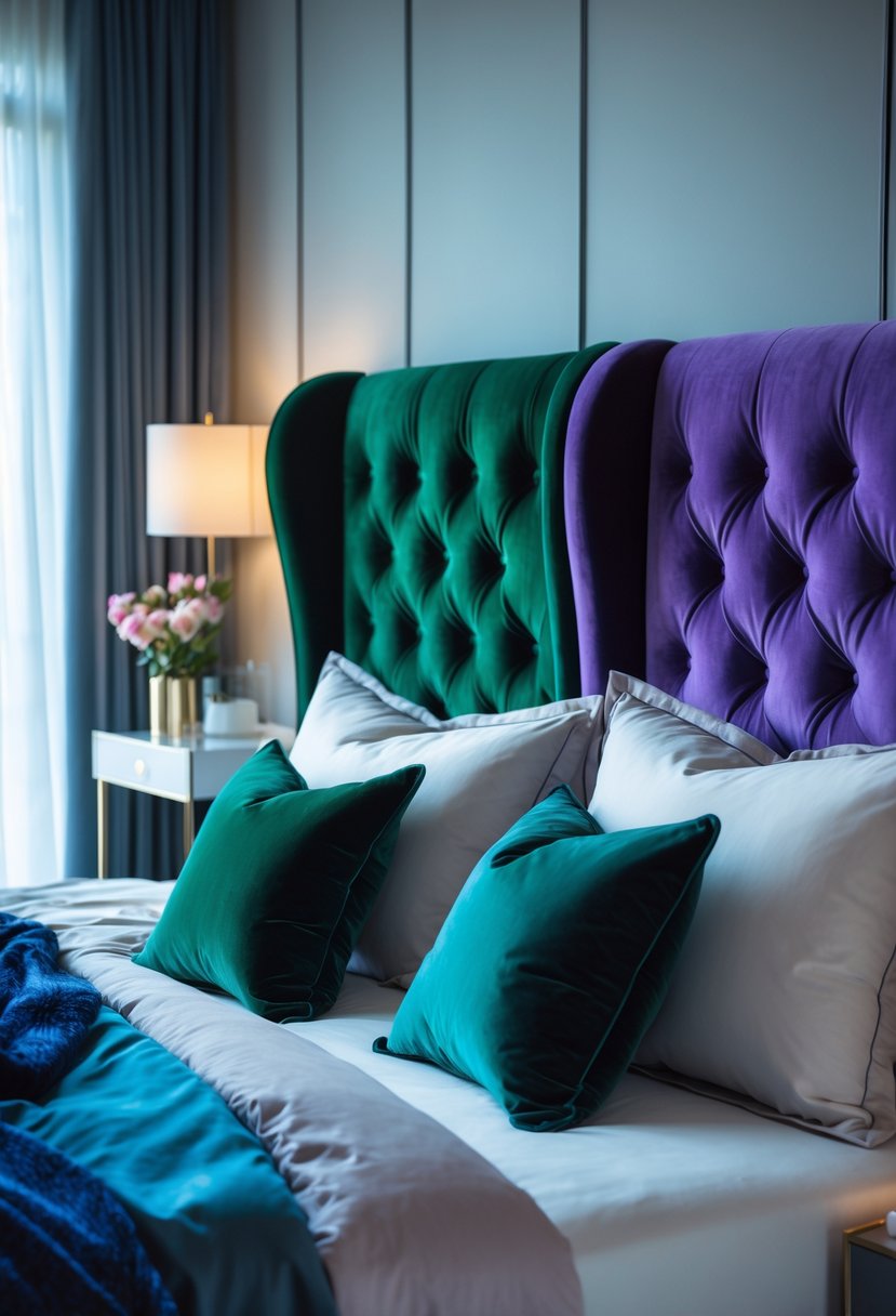 A bedroom with velvet upholstered headboards in deep jewel tones, cozy bedding, and soft natural lighting.