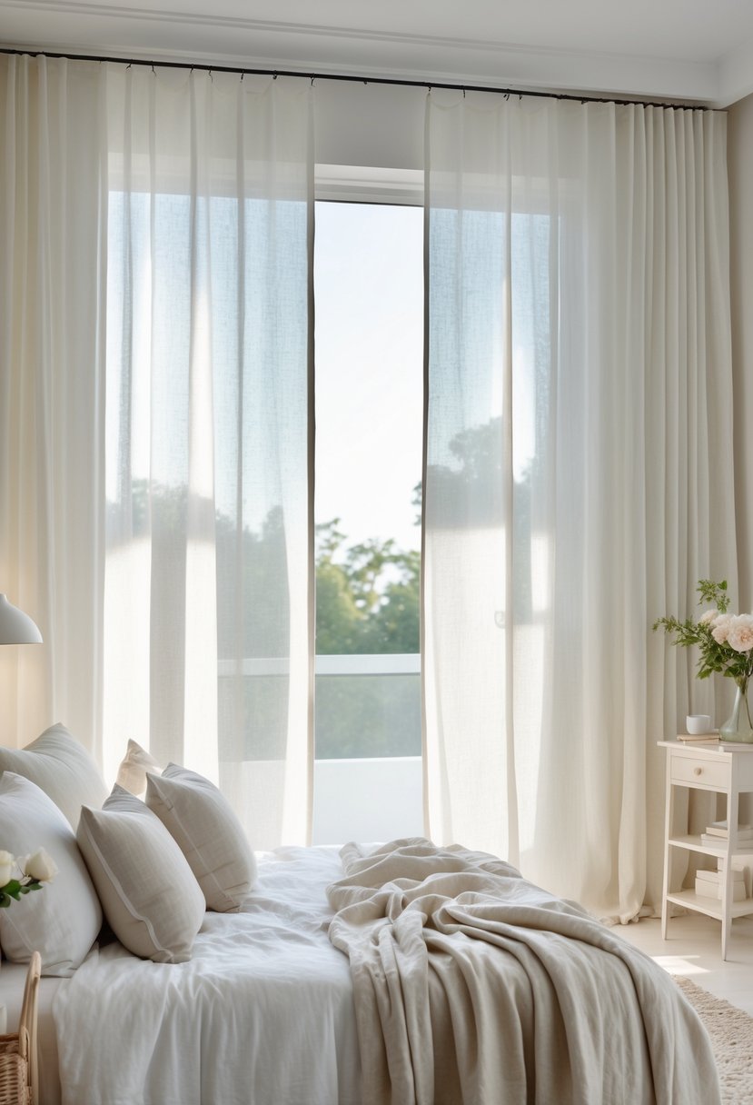 A bedroom with sheer linen curtains softly filtering natural light through a window, a made bed with pillows and blankets, and simple decor.