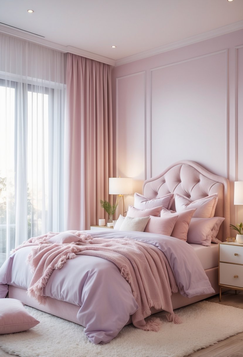 A cozy bedroom with a neatly made bed, soft pillows, bedside tables with lamps, and natural light coming through sheer curtains.