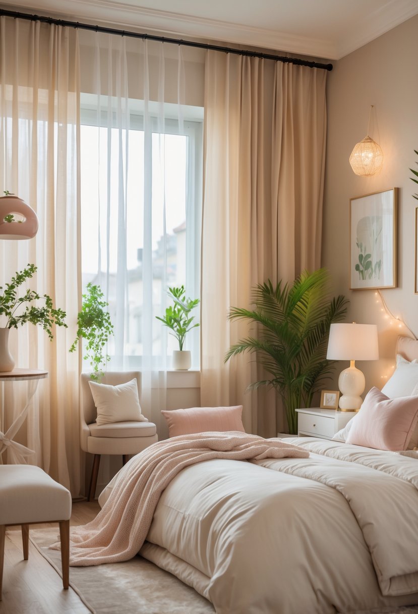 A bright bedroom with a made bed, bedside tables with lamps, plants, and a window with sheer curtains.