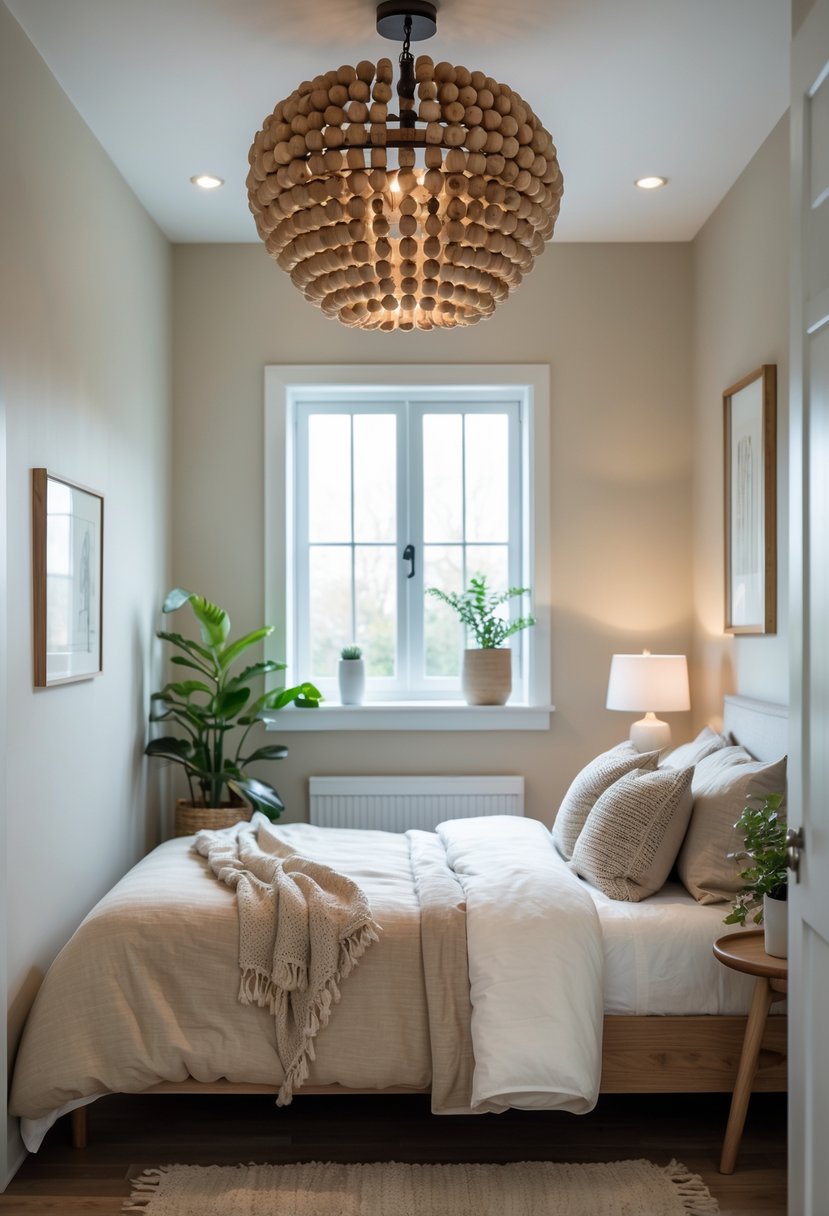 A small bedroom with a bed, a wooden nightstand, a window letting in natural light, and a wood bead chandelier hanging from the ceiling.
