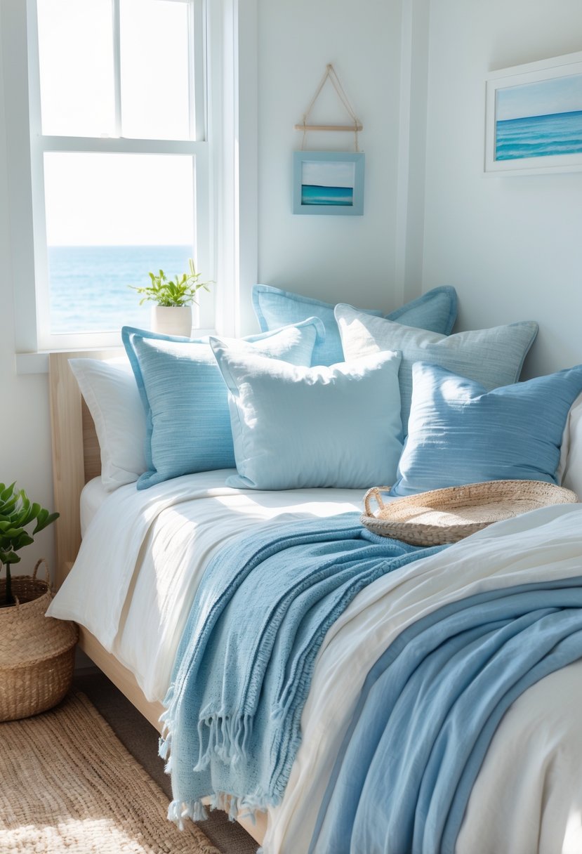 A small bedroom with a bed layered in soft blue throws and cushions, natural light, and light wooden furniture.
