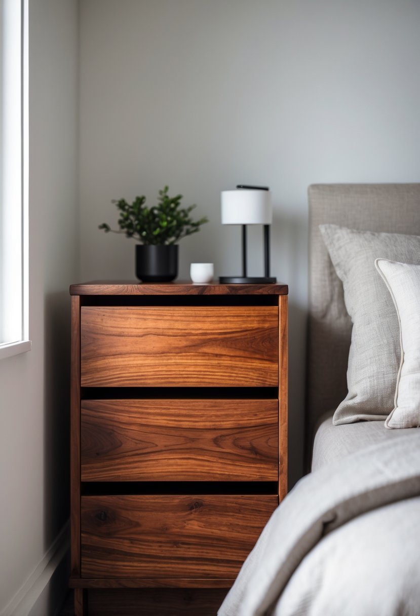 A small bedroom with a bed and narrow wooden nightstands on each side, featuring simple decor and soft natural light.