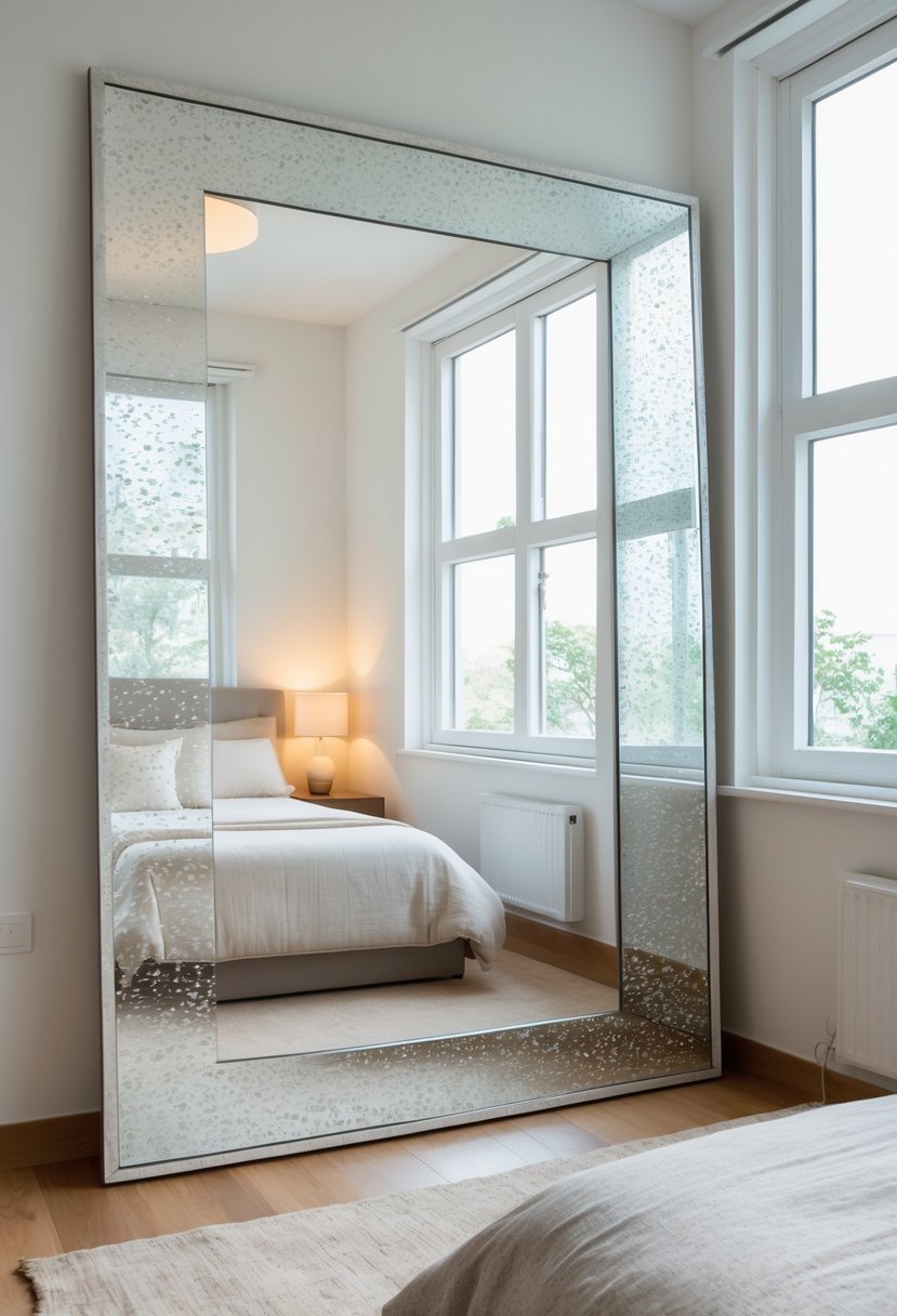A small bedroom with a large mirror reflecting natural light, a bed, and simple furniture.