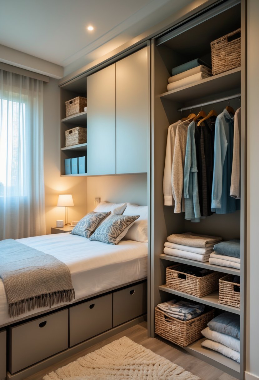 A small bedroom with a bed, built-in shelves, under-bed storage drawers, a wardrobe, and a bedside table with a lamp.