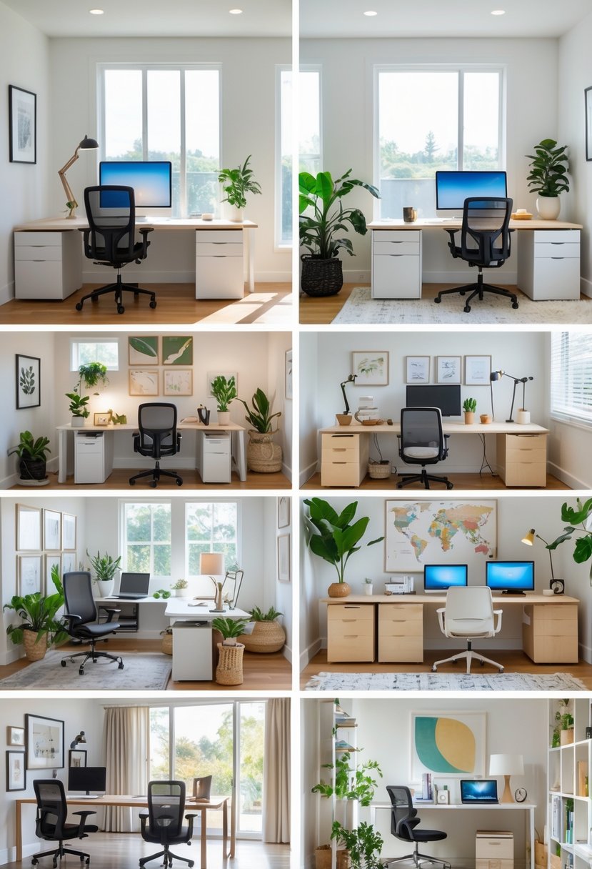 A spacious room displaying 10 different home office setups with various desks, chairs, lighting, plants, and computers arranged neatly.