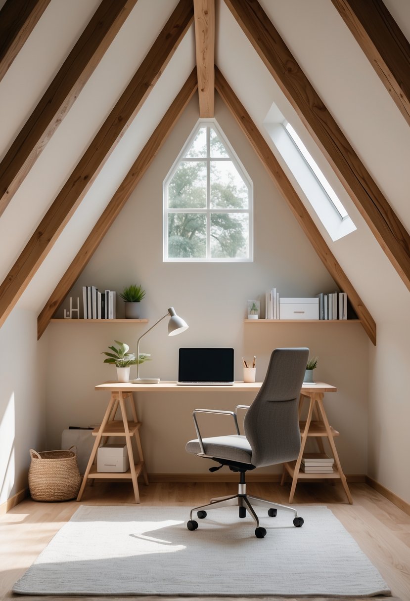 A quiet attic corner set up as a home office with a desk, chair, laptop, shelves, and natural light from a skylight.