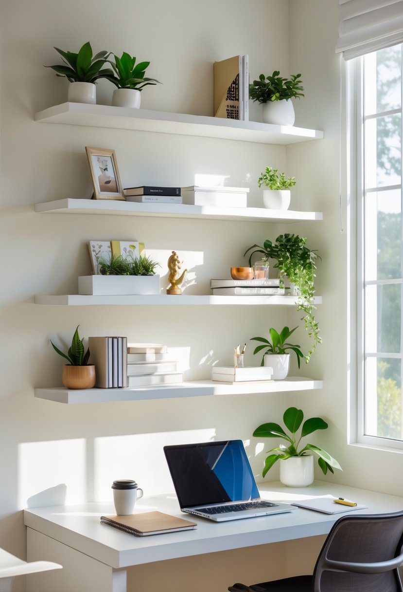 A home office with floating shelves holding books and plants above a desk with a laptop and coffee cup.