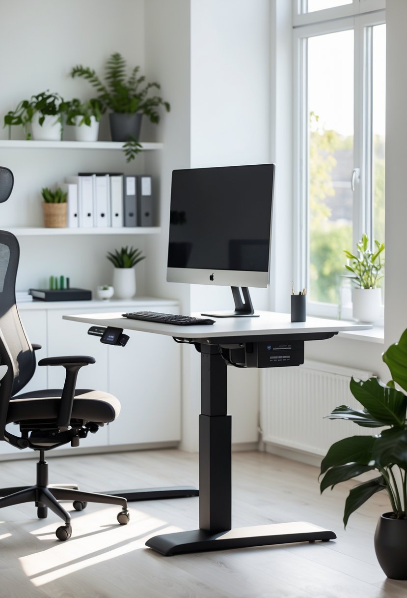 A modern home office with a standing desk, computer monitor, ergonomic chair, and plants near a window.