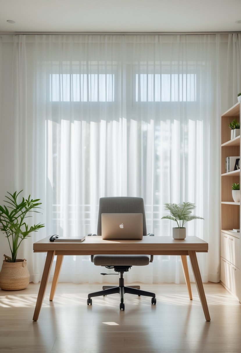 A home office with a wooden desk, laptop, chair, potted plant, and sheer curtains letting in natural light.