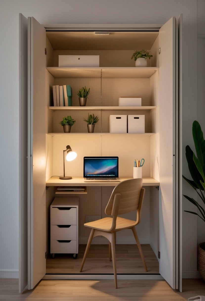 A small closet converted into a private home office with a desk, laptop, shelves, and warm lighting.