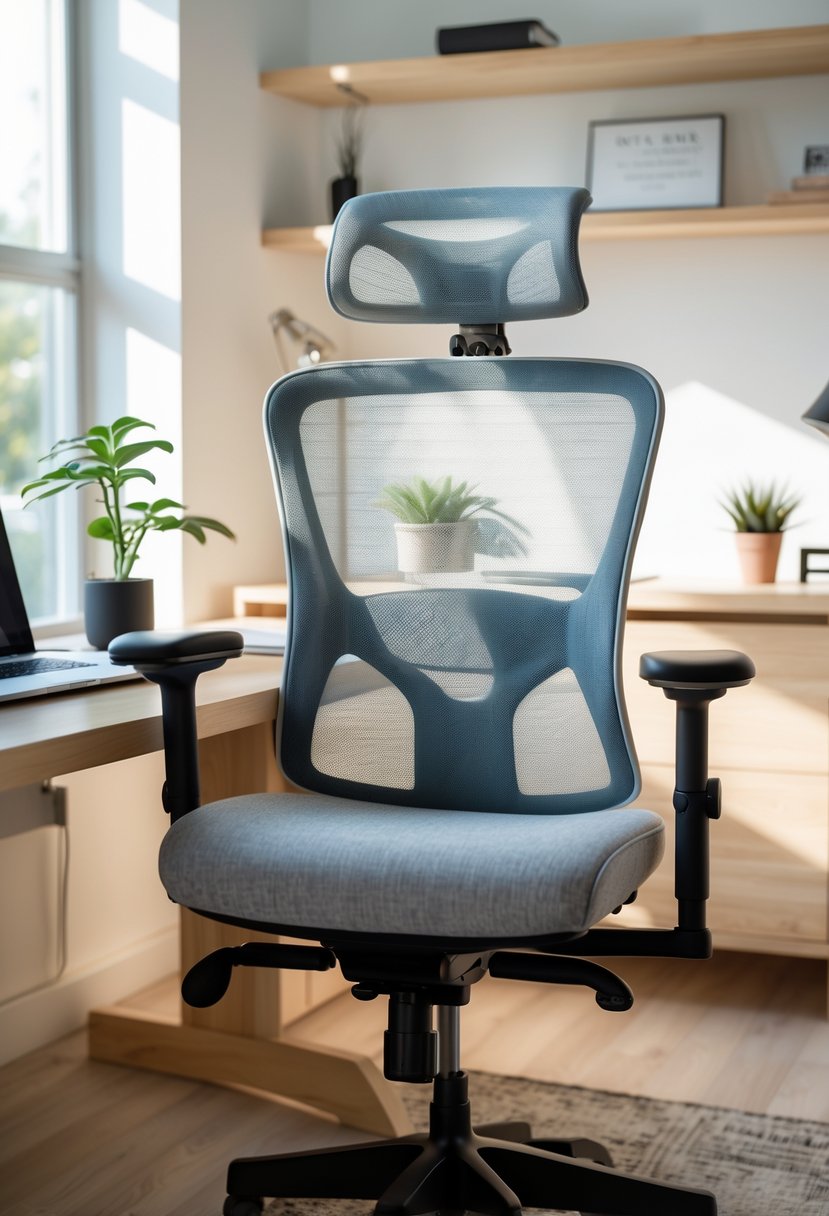 A home office with an ergonomic chair at a desk with a laptop, notebook, coffee mug, and plant near a window.