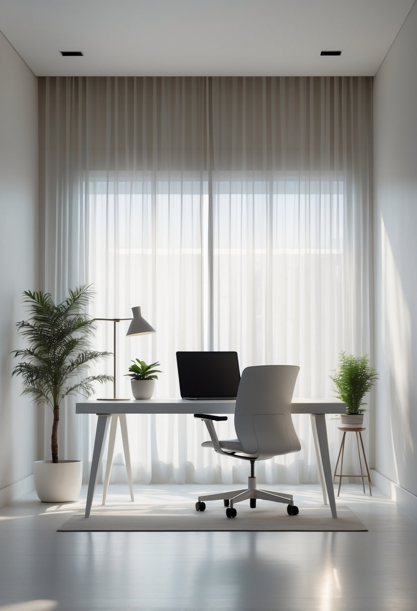 A tidy home office with a white desk, laptop, desk lamp, small plant, ergonomic chair, and natural light coming through a window.