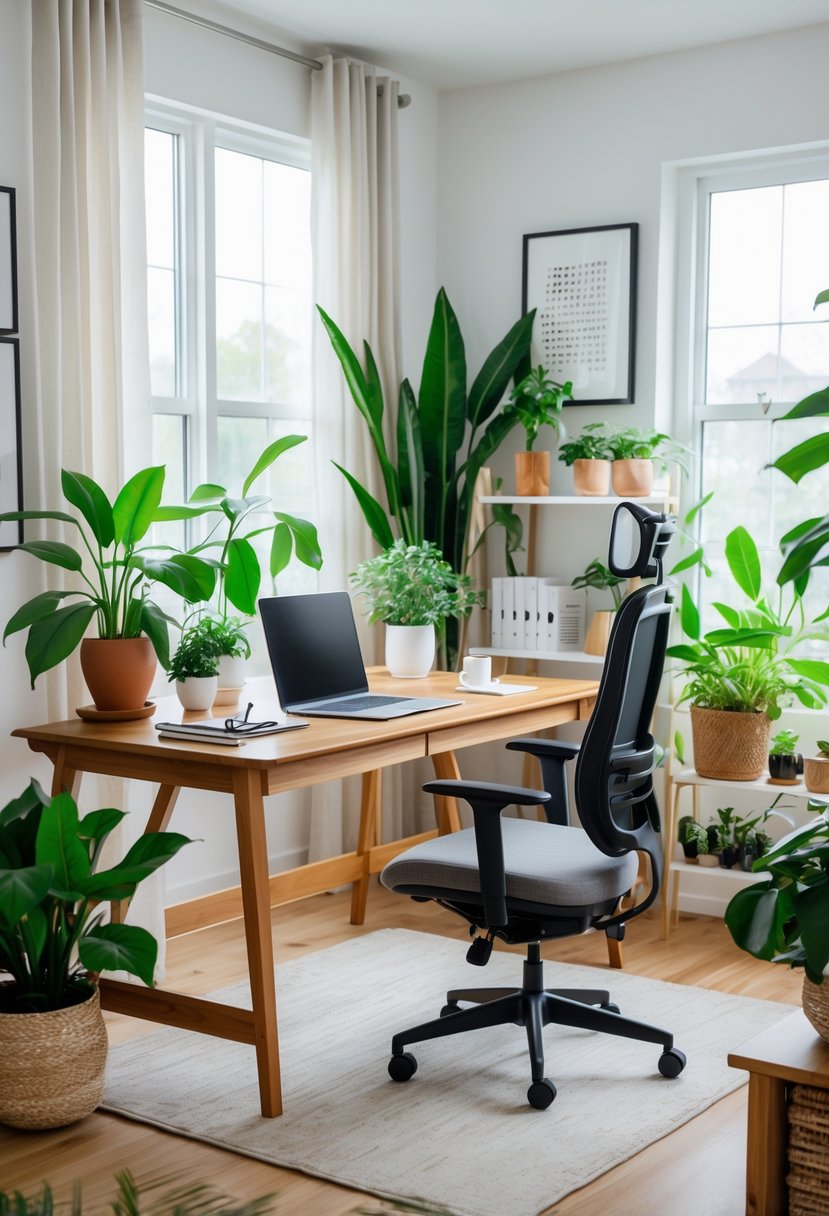 A bright home office with a wooden desk, laptop, ergonomic chair, and several green plants placed around the room.