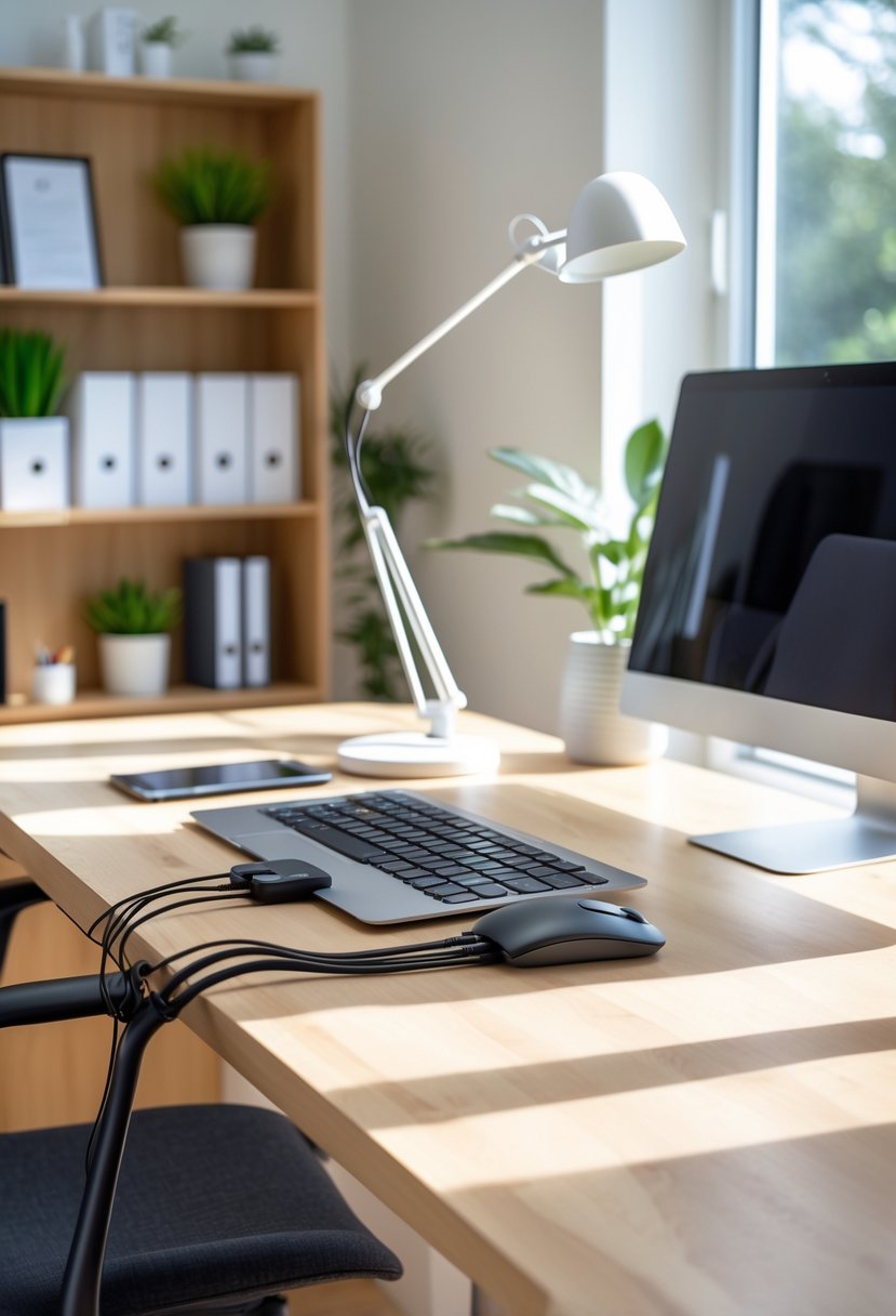 A tidy home office desk with a laptop and cables neatly organized out of sight using cable organizers.