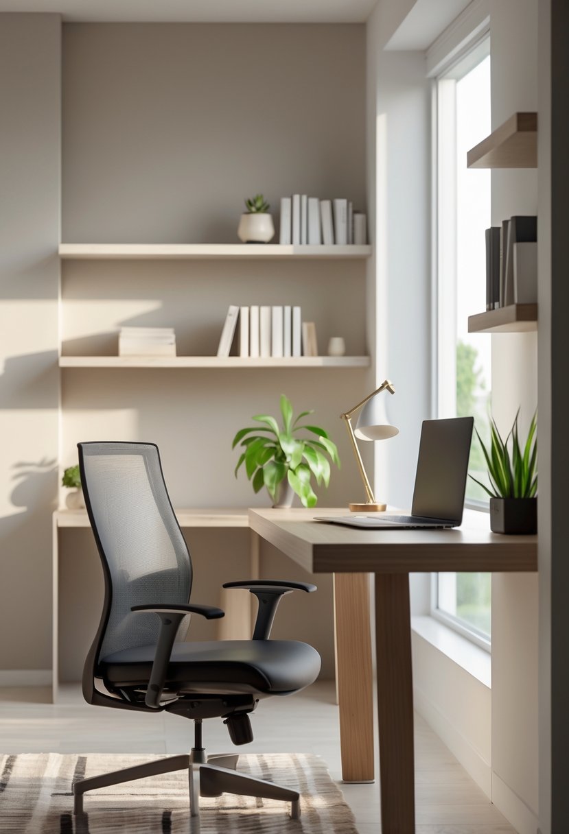 A modern home office with a wooden desk, laptop, desk lamp, potted plant, ergonomic chair, and neutral-colored walls.