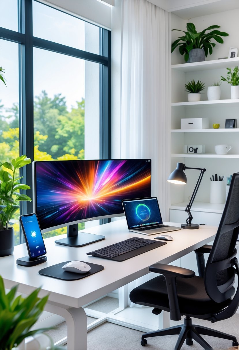 A modern home office with a large curved monitor, laptop, ergonomic chair, smart devices, and indoor plants by a window.