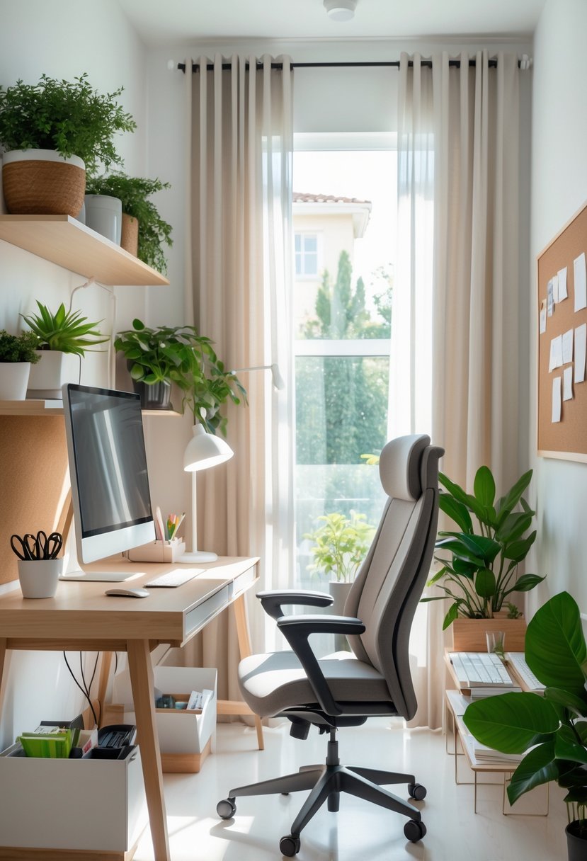 A modern home office with a wooden desk, computer, ergonomic chair, plants, and a cozy reading nook near a window.