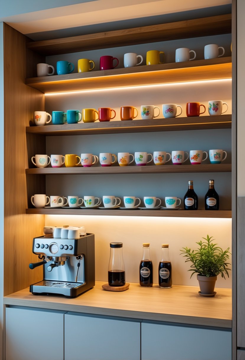 Built-in coffee nook with open shelves holding mugs and syrup bottles above a countertop with a coffee machine and accessories.