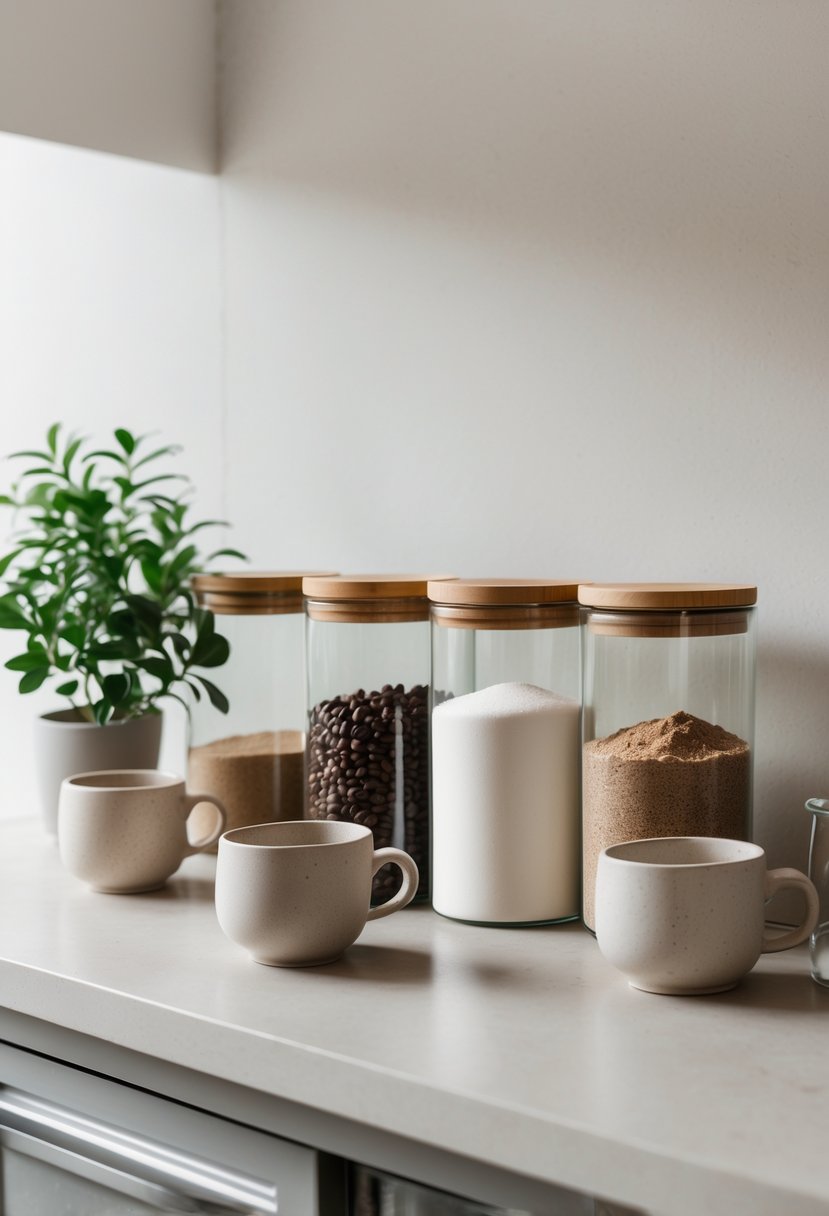A countertop coffee station with stoneware mugs, glass canisters filled with coffee ingredients, and a small plant.