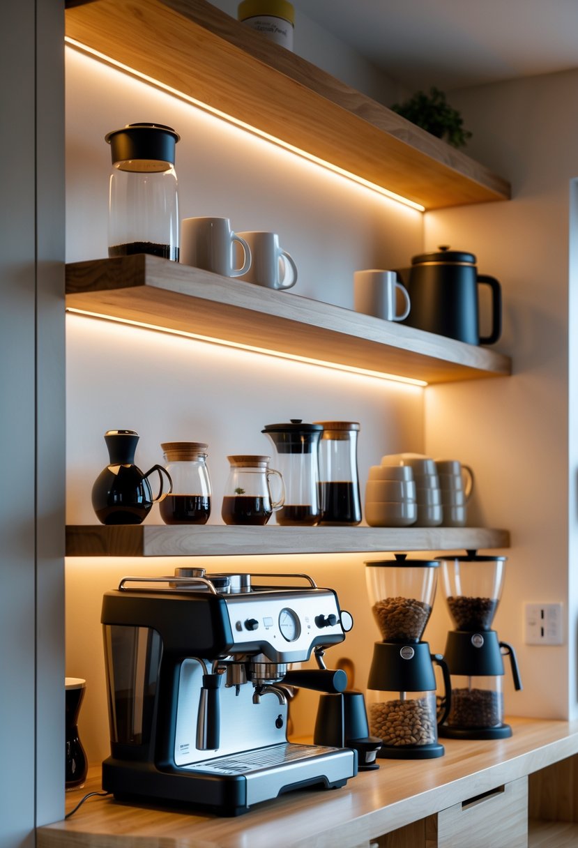 A home coffee bar with floating wooden shelves holding coffee equipment and jars, softly lit by integrated lighting.