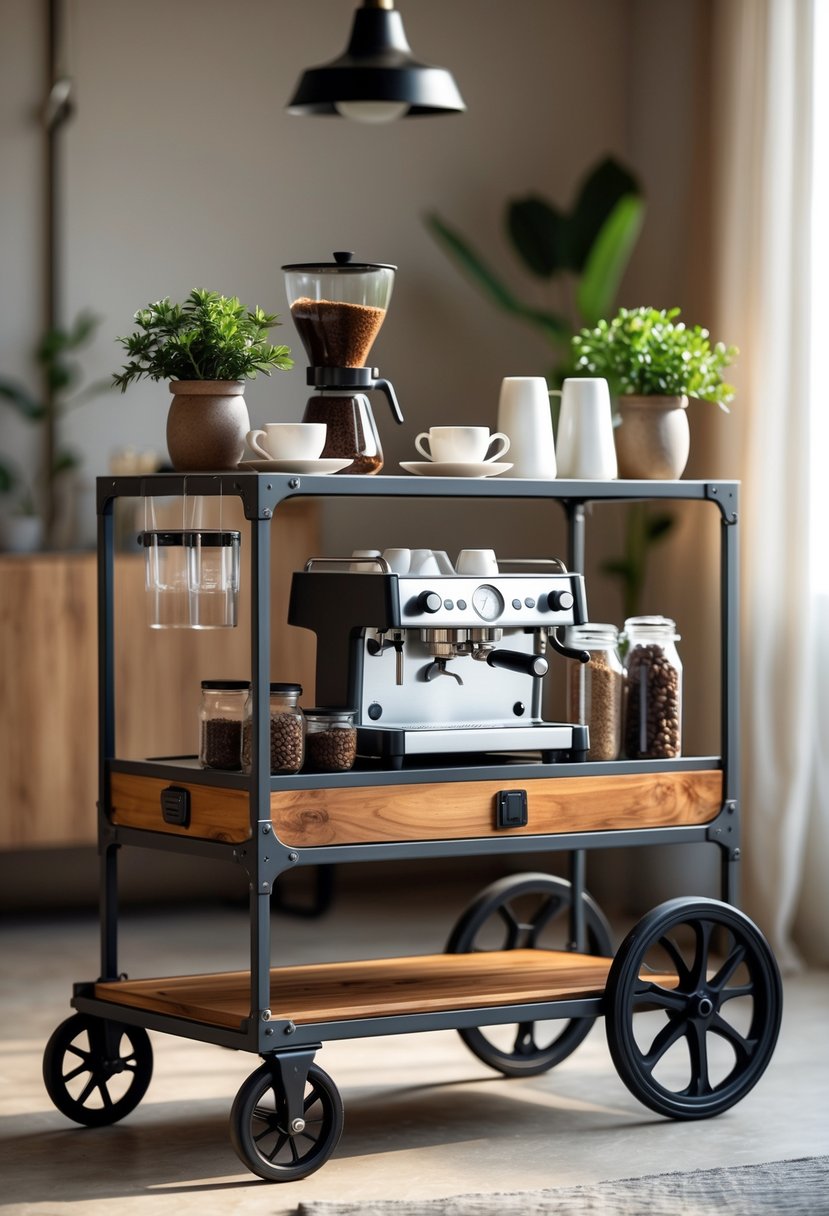 A coffee cart with a coffee machine, cups, jars of coffee beans, and small plants in a cozy home setting.