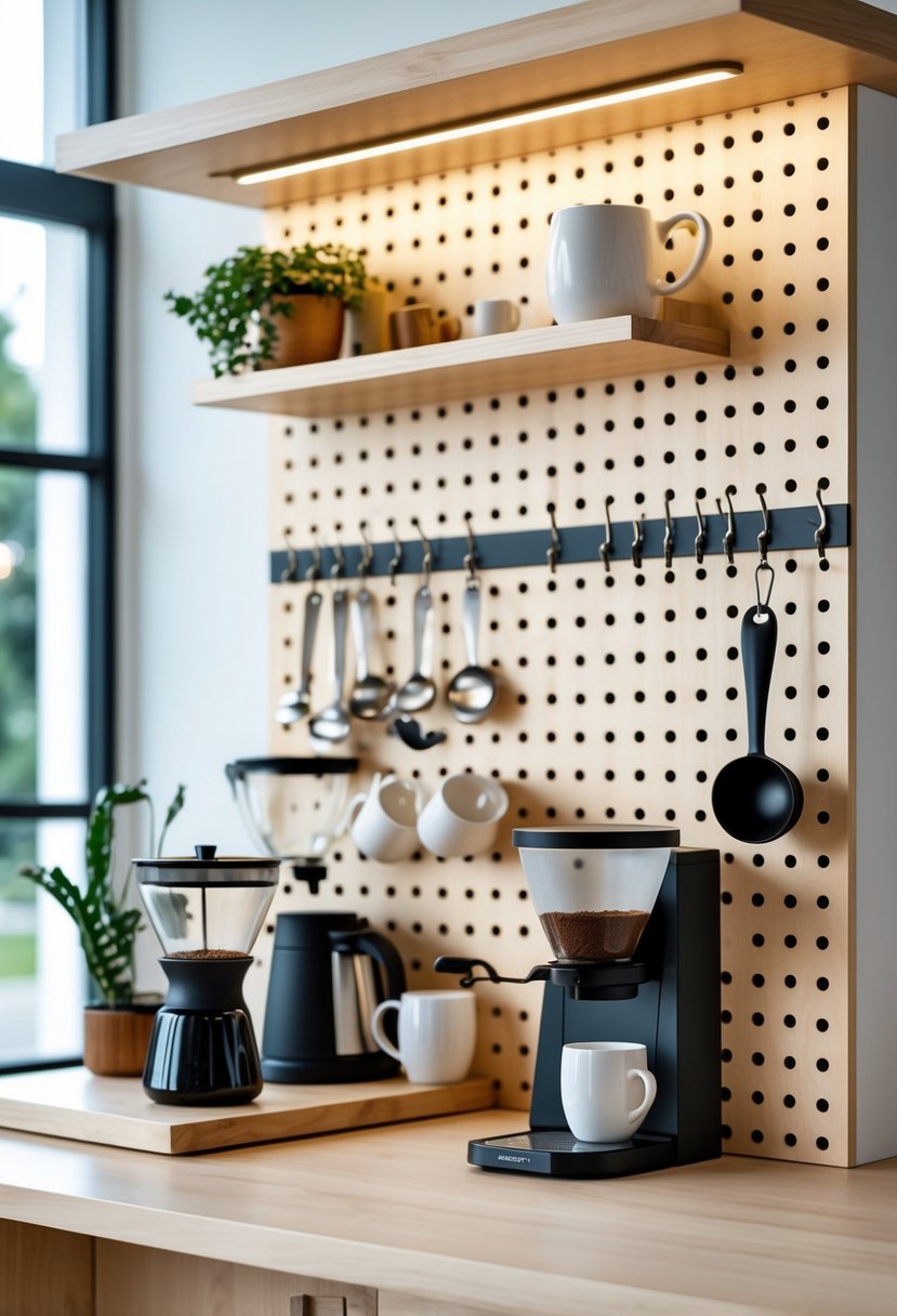A customizable pegboard wall with various coffee tools hanging neatly in a bright home coffee bar area.