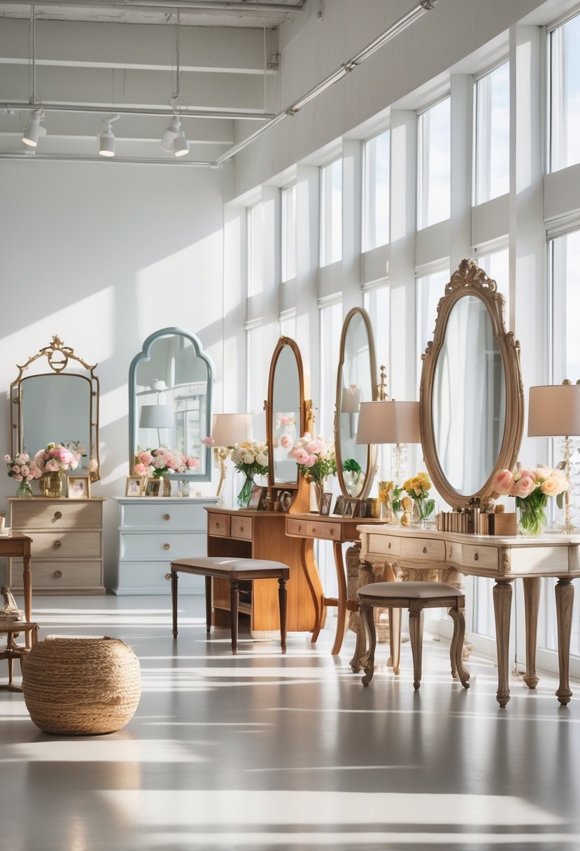 A bright room displaying seventeen different dressing tables with mirrors, makeup items, flowers, and decorative accessories arranged neatly.