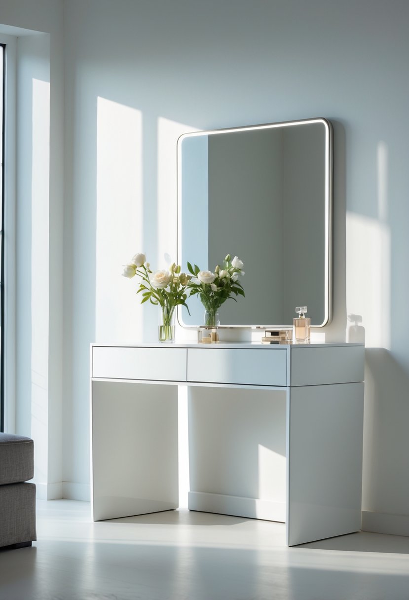 A white dressing table with a mirror, decorated with a vase of flowers, perfume bottle, and jewelry box in a bright room.
