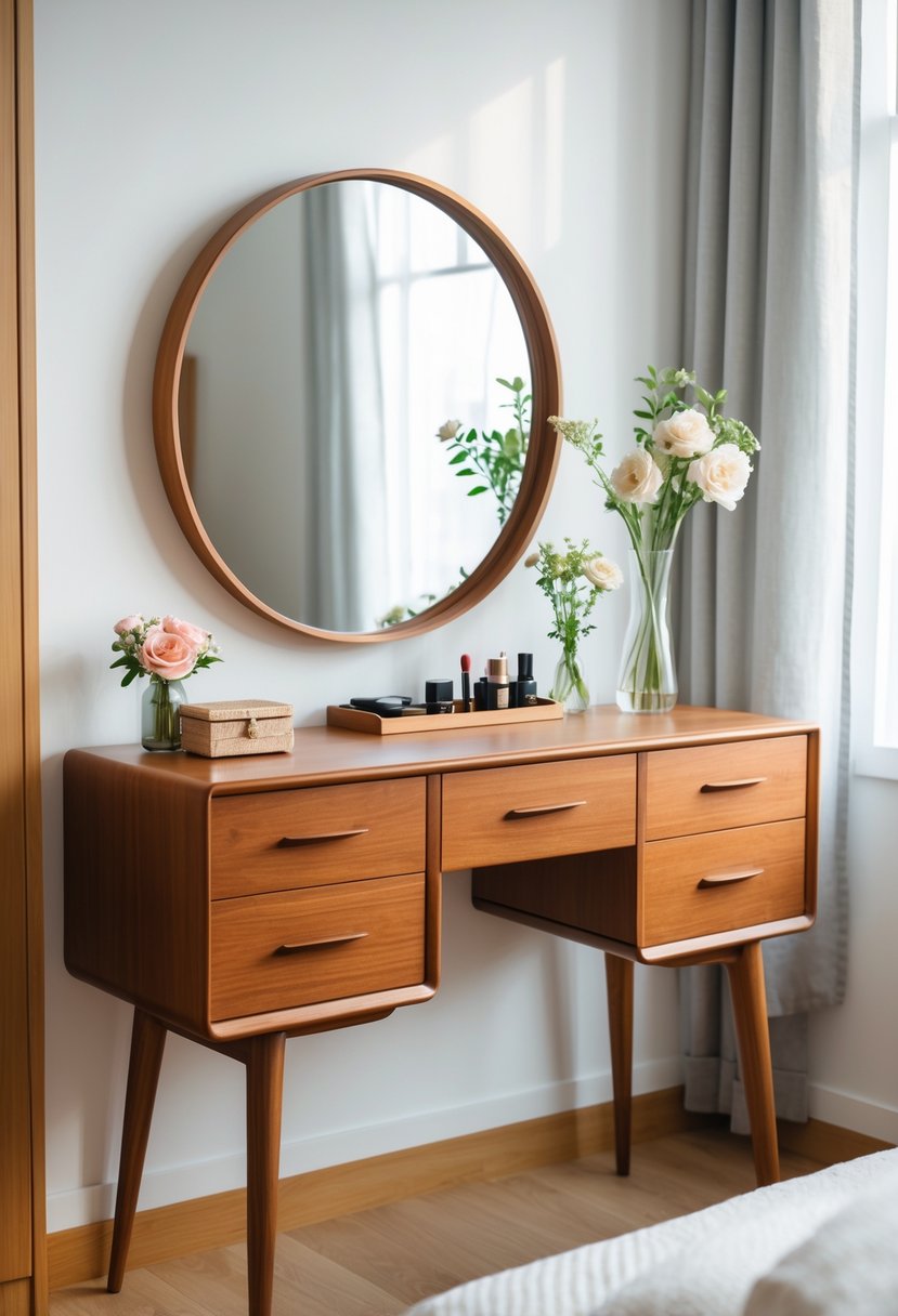 A wooden dressing table with drawers in a bright bedroom, featuring a round mirror, flowers, and makeup items on top.